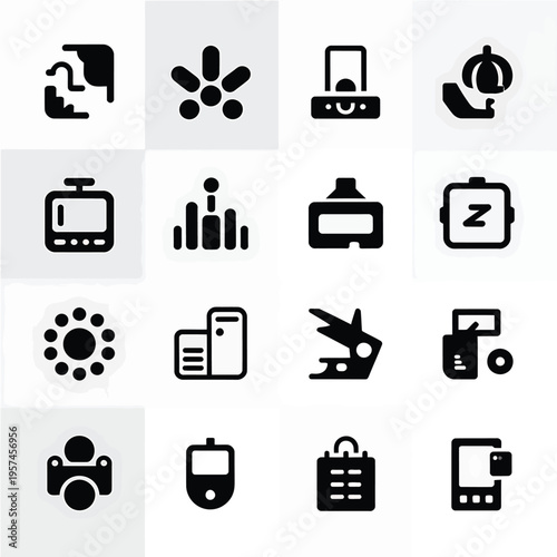 Collection of various black glyph icons representing technology and objects