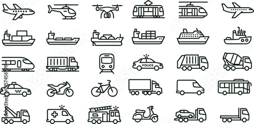 Transportation fleet vehicle outline icon set featuring trucks aircraft ships rail emergency mobility interface symbols for logistics applications