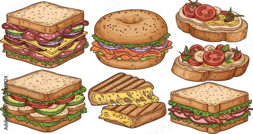 Sandwich Vector Illustration Showing Bagel Grilled Cheese Tomato Basil and Multi Layer