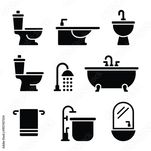 Black silhouettes depicting various bathroom fixtures and sanitary ware
