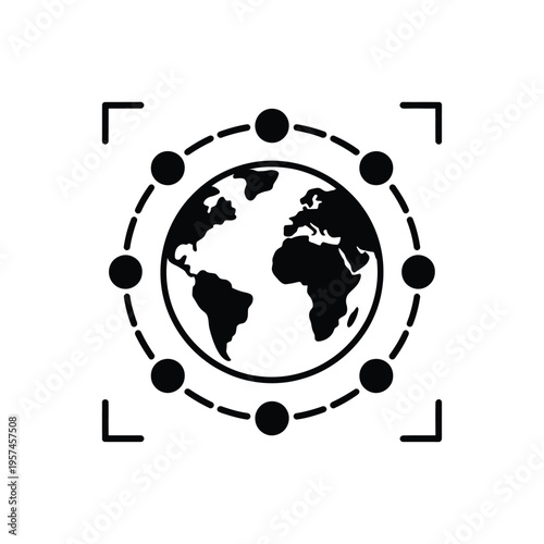 Global network connection earth surrounded by dotted circles and brackets