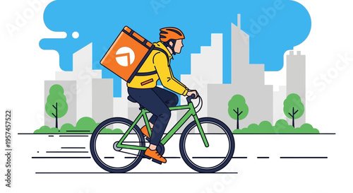 Bicycle food delivery person riding with insulated bag.