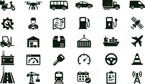 Fleet transport management solid icon set featuring logistics vehicle infrastructure tracking interface symbols for mobility system applications