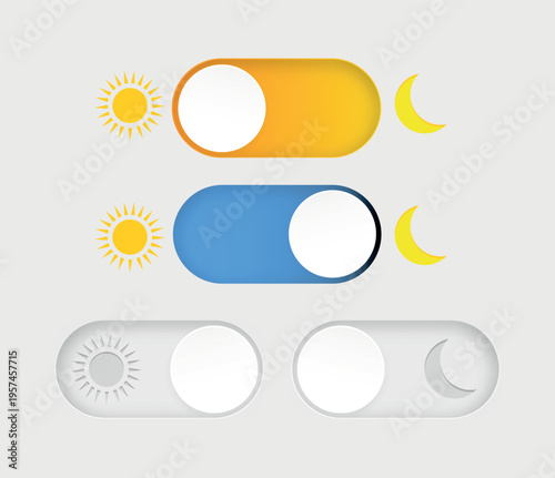 Day and night mode. Dark mode and light mode. Modern button set. Material design switch button. Vector illustration