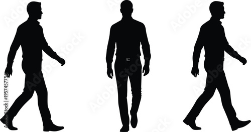 Three-view set of a professional man walking silhouette including front view and side profiles isolated on white background.