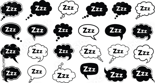 Collection of black and white sleepy speech bubbles with zzz text