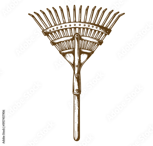 Brown garden rake with metal handle and tines for yard work and landscaping