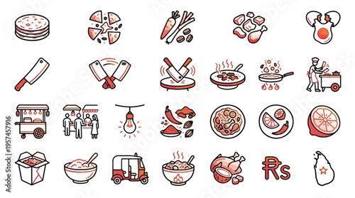 Sri Lankan Street Food Icon Set in Linear Style. A collection of food icons, including kottu roti, tuk tuk, spices, curry, chicken, egg, stall, kitchen, cleaver, bowl, pan, and more. Vector.