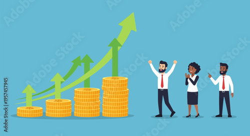 Business people celebrating financial growth and success with increasing coin stacks and upward arrows.
