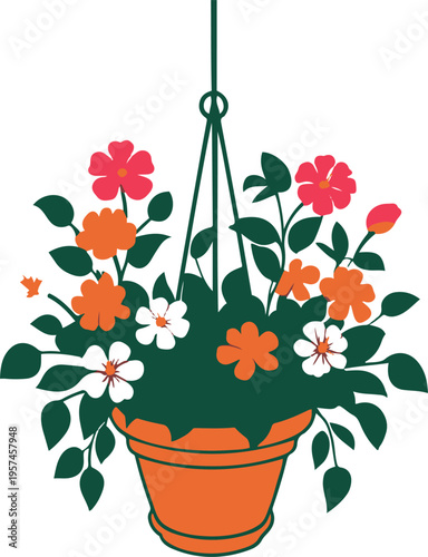 Hanging flower pot with blooming plant, flat vector illustration, bold thick black outline, minimal sticker design, white background 2