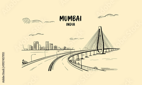 Mumbai India Cable Stayed Bridge Skyline Sketch Illustration suspension bridge
