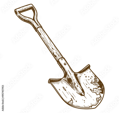 Brown illustration of a shovel with a long handle and a dirty scoop isolated on white background