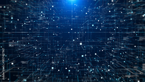 Abstract futuristic big data digital social network structure simulation flowing in light blue cyber space illustration background