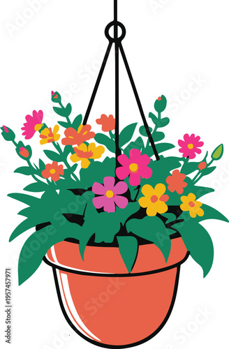 Hanging flower pot with blooming plant, flat vector illustration, bold thick black outline, minimal sticker design, white background