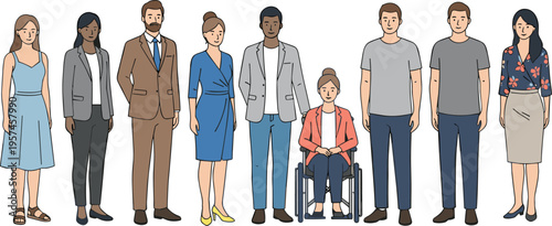 Diverse set of professional men and women including a person in a wheelchair in formal and casual attire isolated on white background.