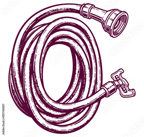 Coiled hose with nozzle and spigot on transparent background for plumbing needs