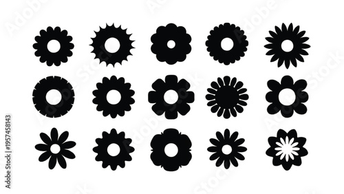 A collection of fifteen unique black circular decorative floral icons on a plain white background
