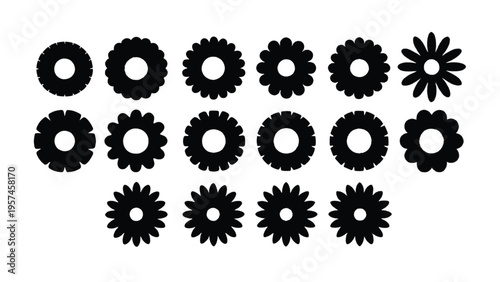 A collection of sixteen unique black circular gear icons arranged in a grid for graphic design use