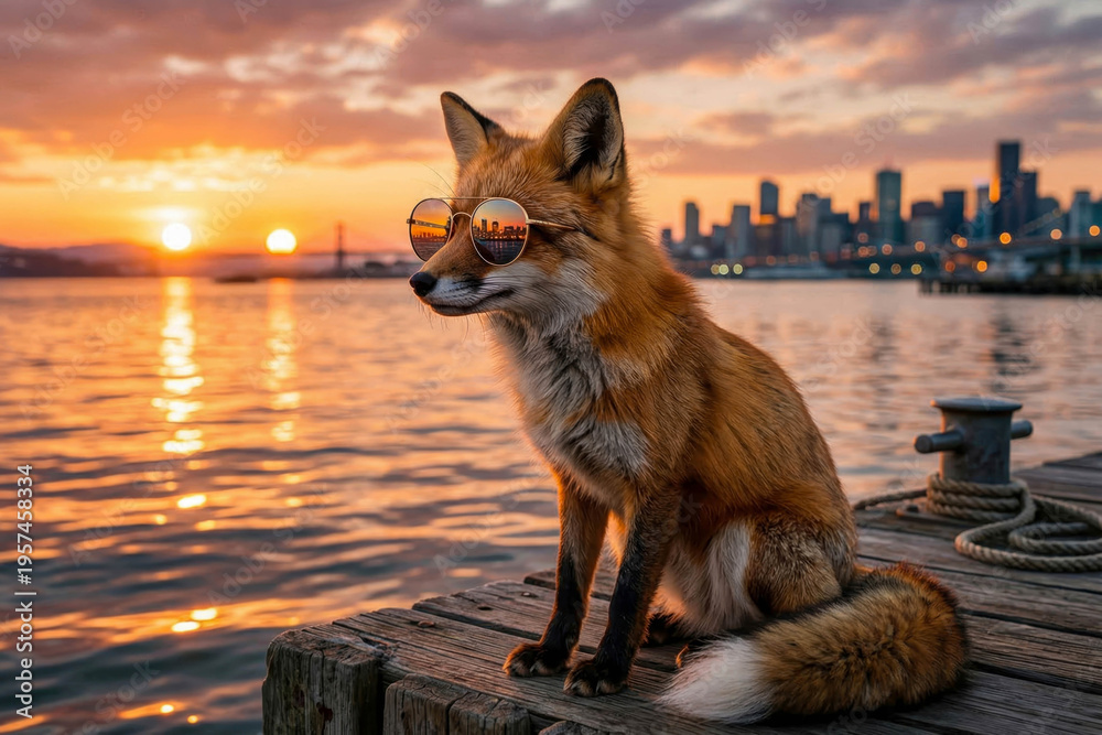 Naklejka premium A red fox in aviator sunglasses sits on a wooden pier, admiring the cityscape and ocean during golden hour with orange sunbeams.