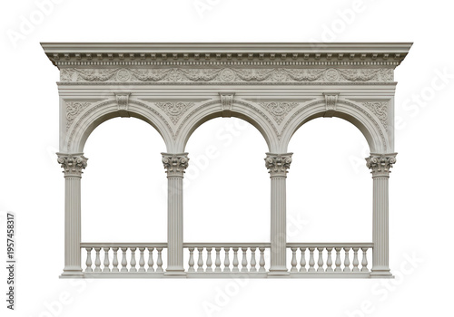 Classical architectural arcade featuring three ornate arches and elegant fluted stone columns