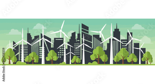 Eco-friendly city skyline with wind turbines and green trees, sustainable urban landscape