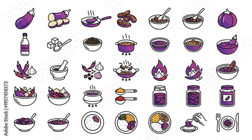 Eggplant Cooking Icon Set in Bold Line Style. A collection of linear icons representing aubergine recipe steps, including sliced vegetables, frying pan, spices, jars, curry