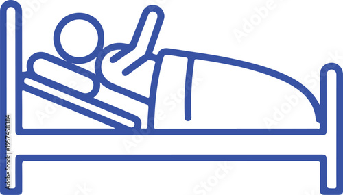 A simple blue line icon depicting a person resting comfortably in a bed with a raised pillow back isolated on transparent background, isolated on white background, Vector