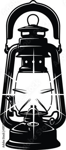 Vintage kerosene lantern vector illustration, classic oil lamp silhouette with glowing light for retro camping emergency lighting and antique decorative design concept