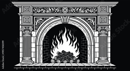 Vintage fireplace vector illustration, ornate classic mantel with burning wood logs, decorative interior design element, antique architecture style, cozy home heating concept