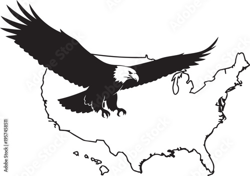 A striking image depicts an eagle in flight over a map of the united states rendered as a silhouette high quality professional detailed modern elegant stylish