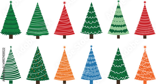 A collection of 12 miniature christmas trees in various colors and patterns
