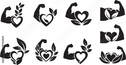 A collection of black silhouettes depicting strong arms forming hearts and floral arrangements symbolizing love and power silhouette high quality professional detailed modern elegant stylish clean