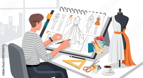 Fashion Designer Sketching Dress Designs on Table with Mannequin and Color Swatches