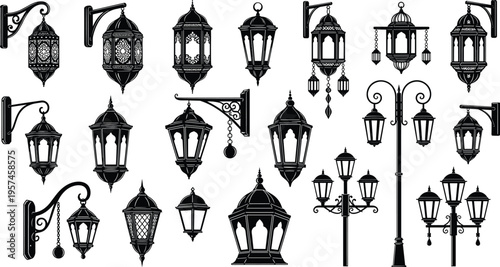 Vintage street lamp collection vector illustration, ornate lantern set with classic iron designs, decorative lighting elements, antique urban fixtures, retro city illumination style