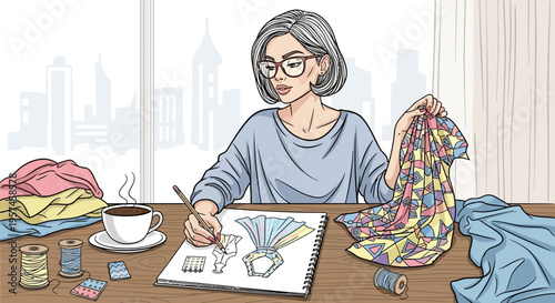 Fashion Designer Sketching New Collection, Holding Fabric Swatch, Desk with Materials