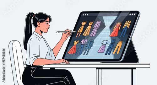 Fashion Designer Using Tablet for Digital Clothing Design and Virtual Fashion Show