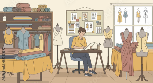 Fashion designer working at desk in studio with mannequins, sketches, and fabric