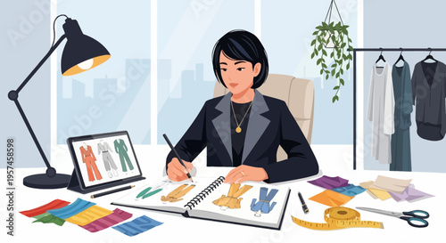 Fashion designer sketching new clothing collection on tablet and sketchbook at desk