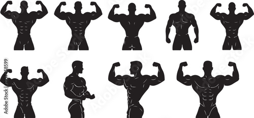 A collection of muscular male torsos depicted in a stark black and white design showcasing various poses silhouette high quality professional detailed modern elegant stylish clean