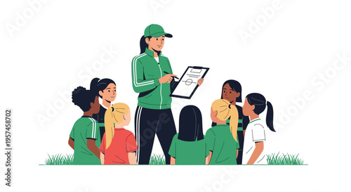 Female coach instructing young soccer team on clipboard strategy