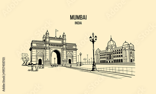 Mumbai India Gateway of India monument sketch with building drawing