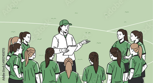 Female soccer coach giving instructions to young players on a green field.
