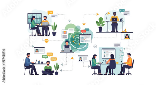 Global Team Collaboration & Hybrid Work Concept. Professionals working remotely, communicating online, and managing projects with seamless digital workflow.