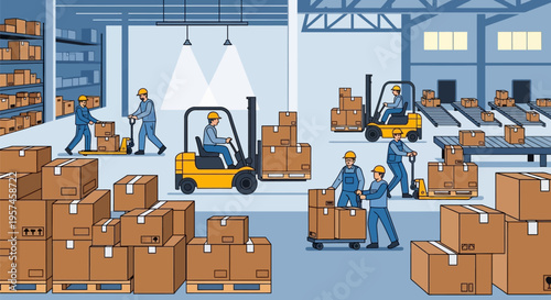Busy warehouse scene with workers and forklifts managing inventory.
