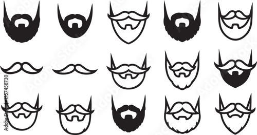 A collection of various mustache and beard styles are displayed in black offering a diverse range of facial hair designs silhouette high quality professional detailed modern