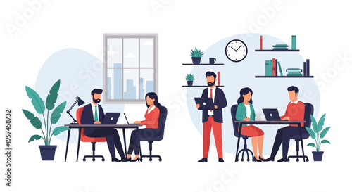 Business Team Collaboration and Productivity in Modern Office Environment. Flat Design Illustration of Colleagues Working on Laptops.