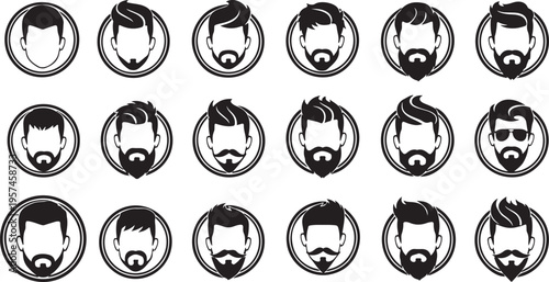 A collection of circular icons showcases diverse male hairstyles and facial hair primarily beards and mustaches in black silhouette high quality professional detailed modern elegant stylish