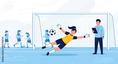 Female soccer goalkeeper dives to save goal during match with coach watching