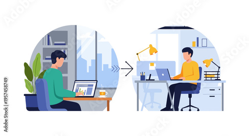 Hybrid Work Model: Seamless Transition Between Remote Home Office and Corporate Workspace. Flexible Employee Productivity Solution Concept.