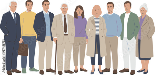 Large set of diverse professional men and women including senior citizens in formal business suits and smart casual attire isolated on white.